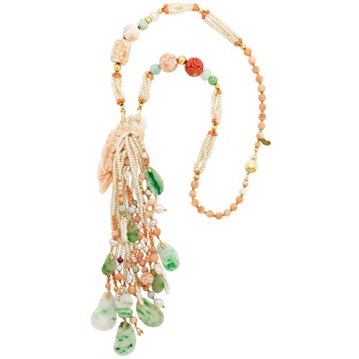 Lot 361 - Gold, Coral and Jade Bead, Carved Jade and Freshwater Pearl Fringe Pendant-Necklace