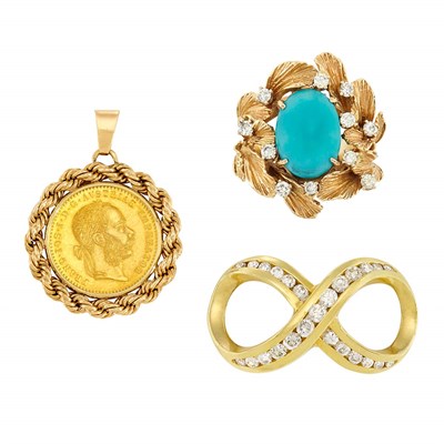 Lot 279 - Gold and Diamond Pendant, Gold, Turquoise and Diamond Ring and Gold Coin Pendant