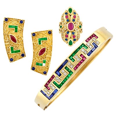 Lot 250 - Gold, Ruby, Emerald and Diamond Ring, Bangle and Pair of Earrings
