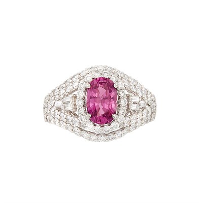 Lot 156 - Platinum, Purplish-Pink Sapphire and Diamond Ring