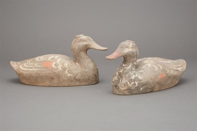 Lot 24 - Two Chinese Painted Gray Pottery Ducks Han...