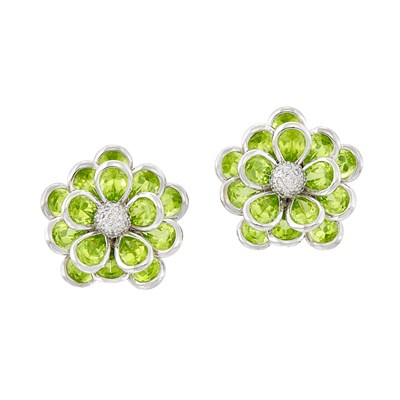 Lot 146 - Pair of White Gold, Peridot and Diamond Flower Earrings, J. Stella