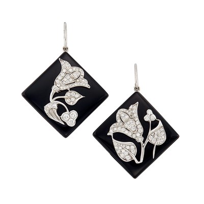 Lot 205 - Pair of White Gold, Black Onyx and Diamond Flower Pendant-Earrings