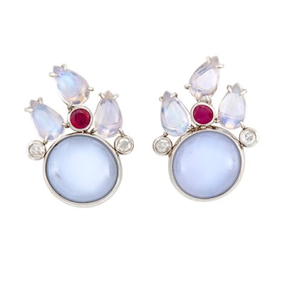Lot 191 - Pair of White Gold, Star Sapphire, Moonstone, Ruby and Diamond Earrings