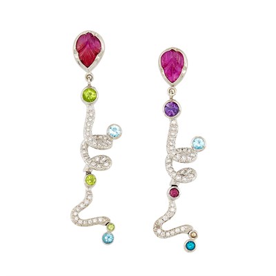 Lot 145 - Pair of White Gold, Carved Ruby, Diamond and Gem-Set Amethyst, Peridot, Aquamarine, Topaz and Garnet Pendant-Earrings
