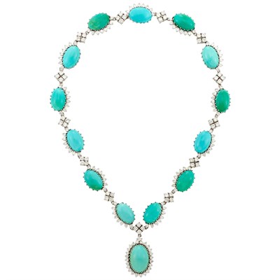 Lot 409 - White Gold, Turquoise and Diamond Pendant-Necklace