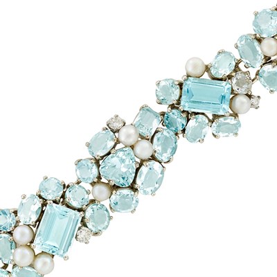 Lot 314 - White Gold, Aquamarine, Diamond and Cultured Pearl Bracelet
