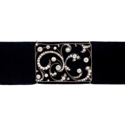 Lot 137 - Antique Silver, Gold, Diamond and Velvet Choker Necklace, France