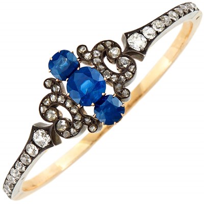 Lot 140 - Antique Silver, Gold, Sapphire and Diamond Bangle Bracelet