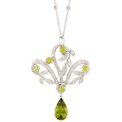 Lot 142 - White Gold, Peridot and Diamond Pendant-Brooch and White Gold and Diamond Chain Necklace
