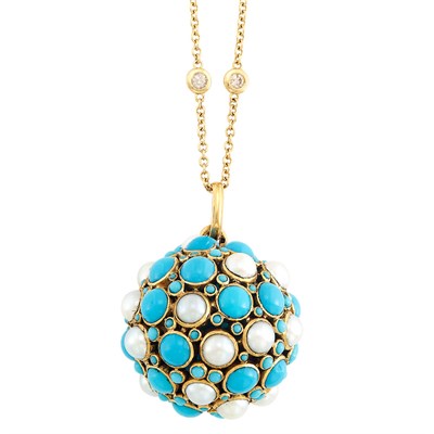Lot 39 - Gold, Turquoise and Split Pearl Ball Pendant with Long Gold and Diamond Chain Necklace