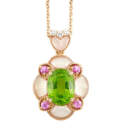Lot 144 - Rose Gold, Peridot, Quartz, Pink Sapphire and Diamond Pendant with Rose Gold Chain