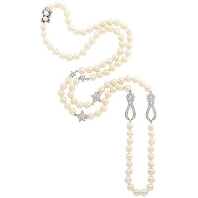 Lot 167 - White Gold, Diamond and Cultured Pearl Necklace