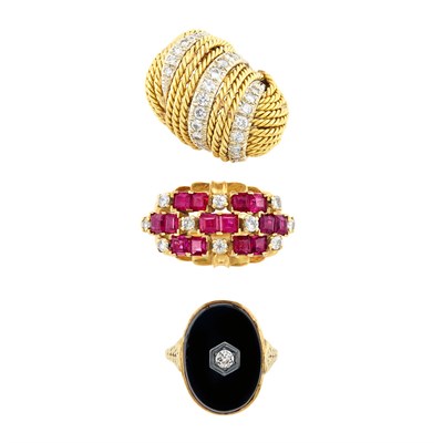 Lot 180 - Three Gold, Gem-Set, Diamond and Black Onyx Rings