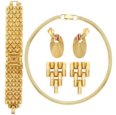 Lot 241 - Wide Gold Wristwatch, Two Pairs of Clips and Snake Chain Necklace