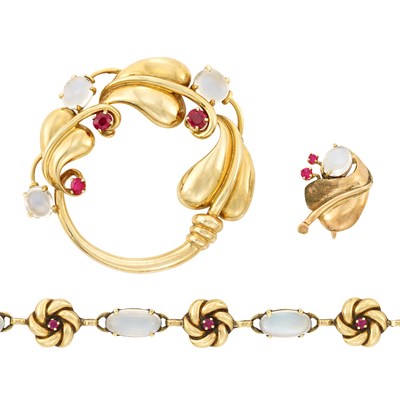 Lot 235 - Two-Color Gold, Moonstone and Ruby Brooch, Bracelet and Single Earclip