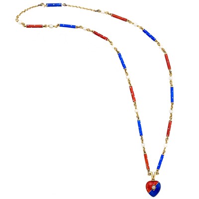 Lot 432 - Antique Gold, Enamel and Seed Pearl Pendant-Necklace