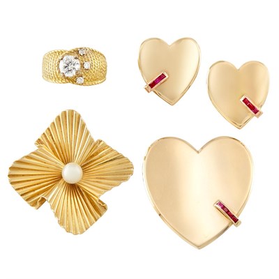 Lot 110 - Group of Gold, Ruby, Cultured Pearl, Diamond and Simulated Diamond Jewelry
