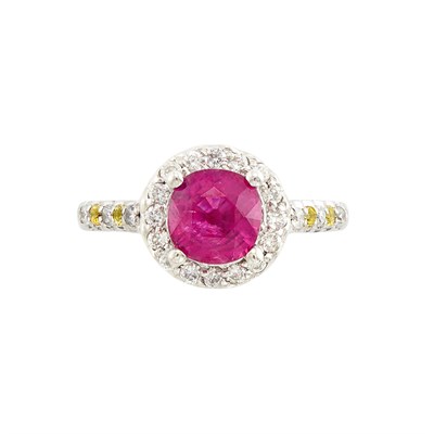 Lot 192 - White Gold, Pink Sapphire, Colored Diamond and Diamond Ring