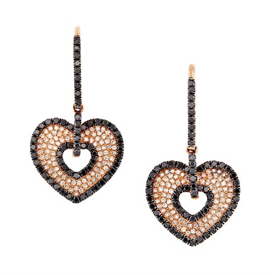 Lot 154 - Pair of Rose Gold, Diamond and Black Diamond Heart Pendant-Earrings