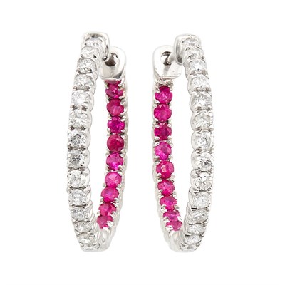 Lot 198 - Pair of White Gold, Ruby and Diamond Hoop Earrings