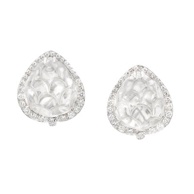 Lot 431 - Pair of Platinum, Carved Rock Crystal and Diamond Earclips, David Webb