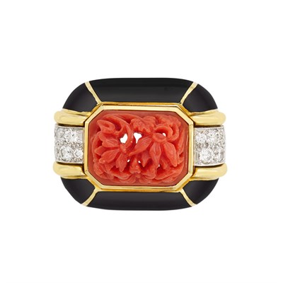 Lot 399 - Gold, Platinum, Carved Coral, Black Enamel and Diamond Ring, David Webb