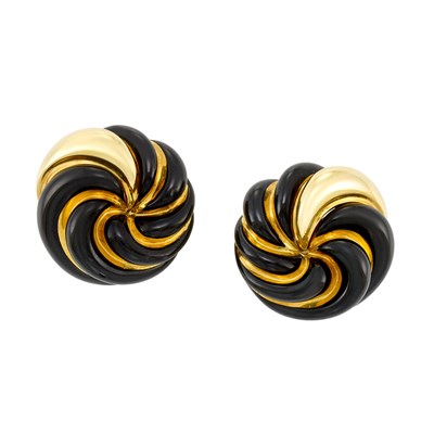 Lot 393 - Pair of Gold and Black Enamel Pinwheel Earclips, David Webb