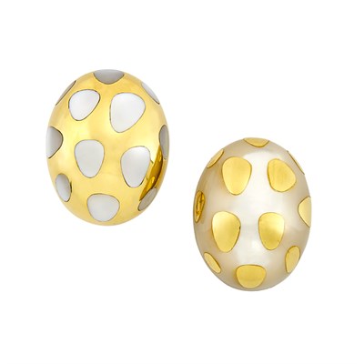 Lot 381 - Pair of Gold and Mother-of-Pearl 'Postive and Negative' Earclips, Tiffany & Co.
