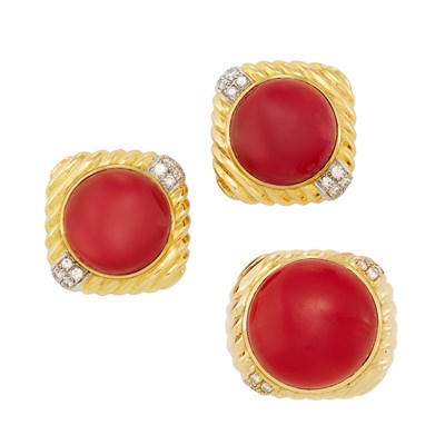 Lot 98 - Pair of Two-Color Gold and Coral Earclips and Ring, Trio
