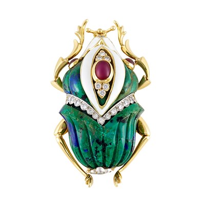 Lot 386 - Platinum, Gold, Ruby, Diamond, White Enamel and Carved Azurmalachite June Bug Pendant-Brooch, David Webb