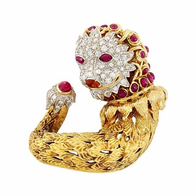 Lot 414 - Gold, Platinum, Diamond, Cabochon Ruby and Citrine Lion Clip-Brooch