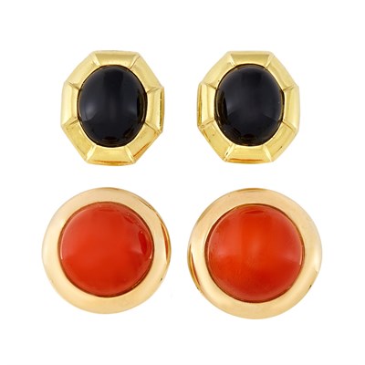 Lot 249 - Two Pairs of Gold, Black Onyx and Coral Earclips