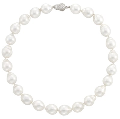 Lot 368 - White Gold, South Sea Baroque Cultured Pearl and Diamond Necklace