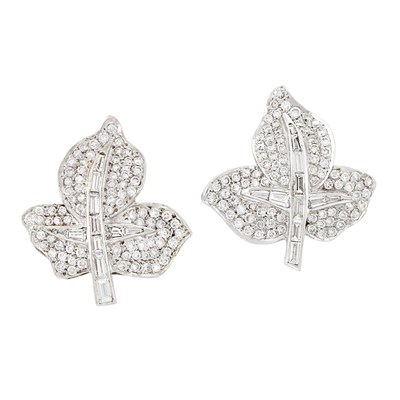 Lot 187 - Pair of Platinum, White Gold and Diamond Leaf Earclips
