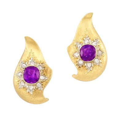 Lot 232 - Pair of Two-Color Gold, Amethyst and Diamond Earclips
