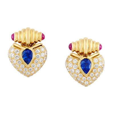 Lot 282 - Pair of Gold, Sapphire, Cabochon Ruby and Diamond Earclips, Bulgari