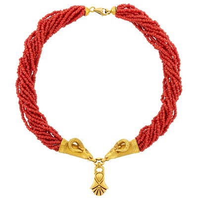 Lot 107 - Multistrand Coral Bead and Gold Ram's Head Torsade Necklace