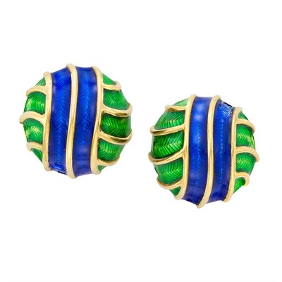 Lot 33 - Pair of Gold and Blue and Green Enamel Bombe Earclips, Tiffany & Co.
