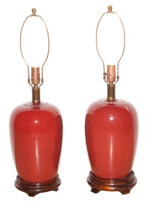 Lot 349 - Pair of Chinese Sang de Boeuf Porcelain Lamps...