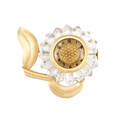 Lot 367 - Gold and Carved Rock Crystal Sunflower Lapel-Watch, Mauboussin, Paris
