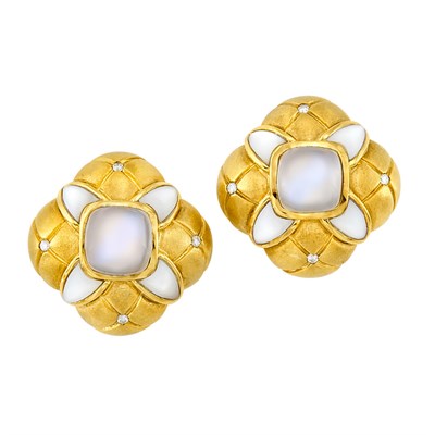 Lot 118 - Pair of Gold, Moonstone, Mother-of-Pearl and Diamond Earrings