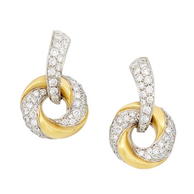 Lot 234 - Pair of Two-Color Gold and Diamond Pinwheel Pendant-Earrings