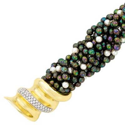 Lot 303 - Two-Color Gold, Black and White Cultured Pearl and Diamond Torsade Bracelet