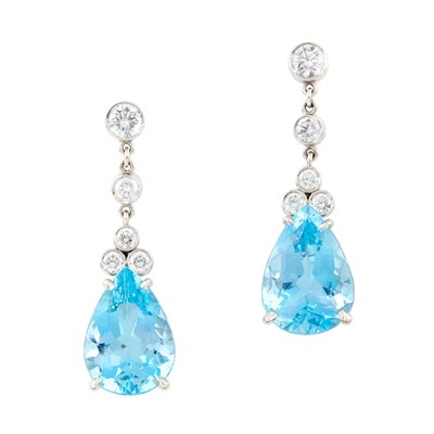 Lot 317 - Pair of Platinum, Aquamarine and Diamond Pendant-Earrings, Tiffany & Co.