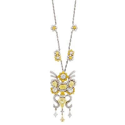 Lot 418 - Platinum, Gold, Diamond and Colored Diamond 'Amphora' Pendant with Platinum, Diamond and Colored Diamond Chain Necklace