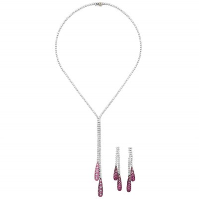 Lot 311 - Pair of White Gold, Diamond and Pink Sapphire Earrings and Necklace