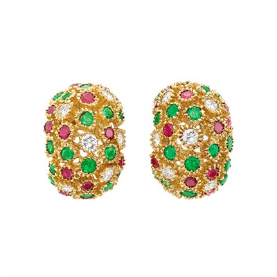 Lot 387 - Pair of Gold, Diamond, Ruby and Emerald Bombe Earrings, Van Cleef & Arpels, France