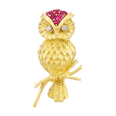 Lot 200 - Gold, Ruby and Diamond Owl Brooch, Tiffany & Co.