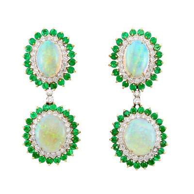 Lot 14 - Pair of Two-Color Gold, Opal, Emerald and Diamond Pendant-Earclips